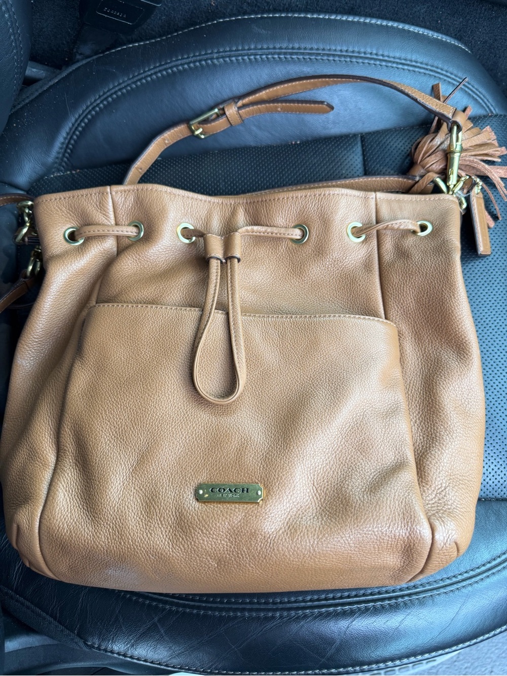 Coach Cognac Pebbled Leather Drawstring Shoulder Bag